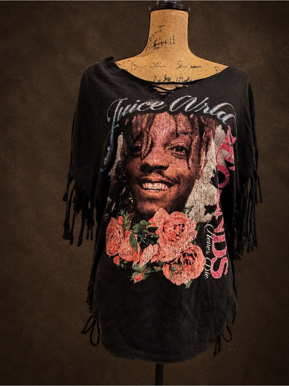 Juice WRLD Black Graphic Fringe Tee with Roses